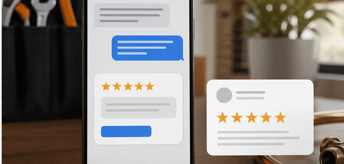 Automated review request flow with text message and five-star review card